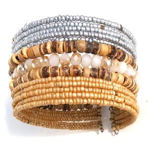 Beaded Cuff Bracelet adjustable natural tan gray silver multi row seed beads